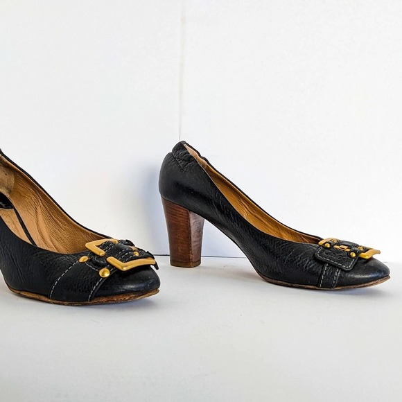 Chloe Shoes - Chloe Black Heels with Gold Buckle and Wooden Heel